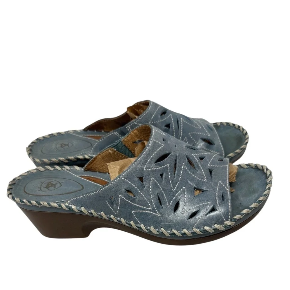 🔥Ariat 🦋💙🦋Blue Leather Laser Cut Floral Wedge Slide Sandals Mules Size‎ 8B
